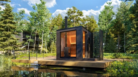 Täysin koottu sauna puukiukaalla KUUT M WB Premium | 2.2 x 2.2 m